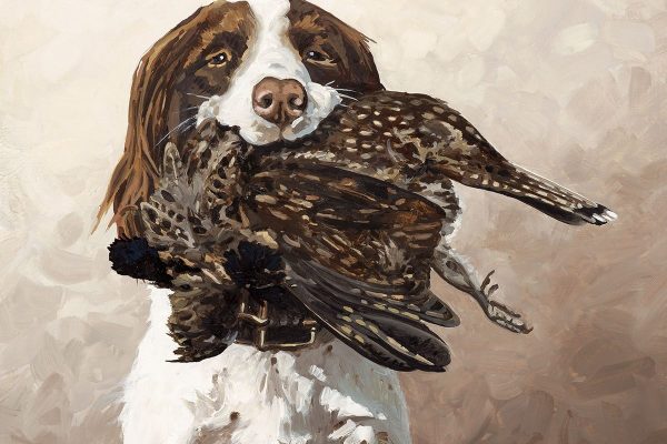 Spaniel with Grouse - Oil on Board