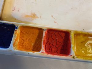 Dried watercolor paints in a palette